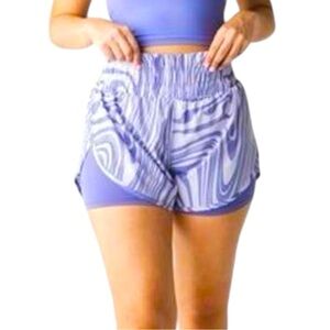 Womens Athletic Running Shorts Purple Swirl Print High Waist Layered‎ Sportswear